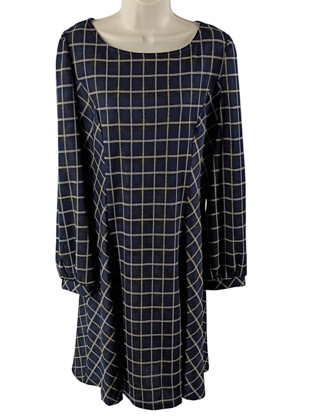 Suzanne Betro Navy and Tan Windowpane Long-Sleeve A-Line Dress